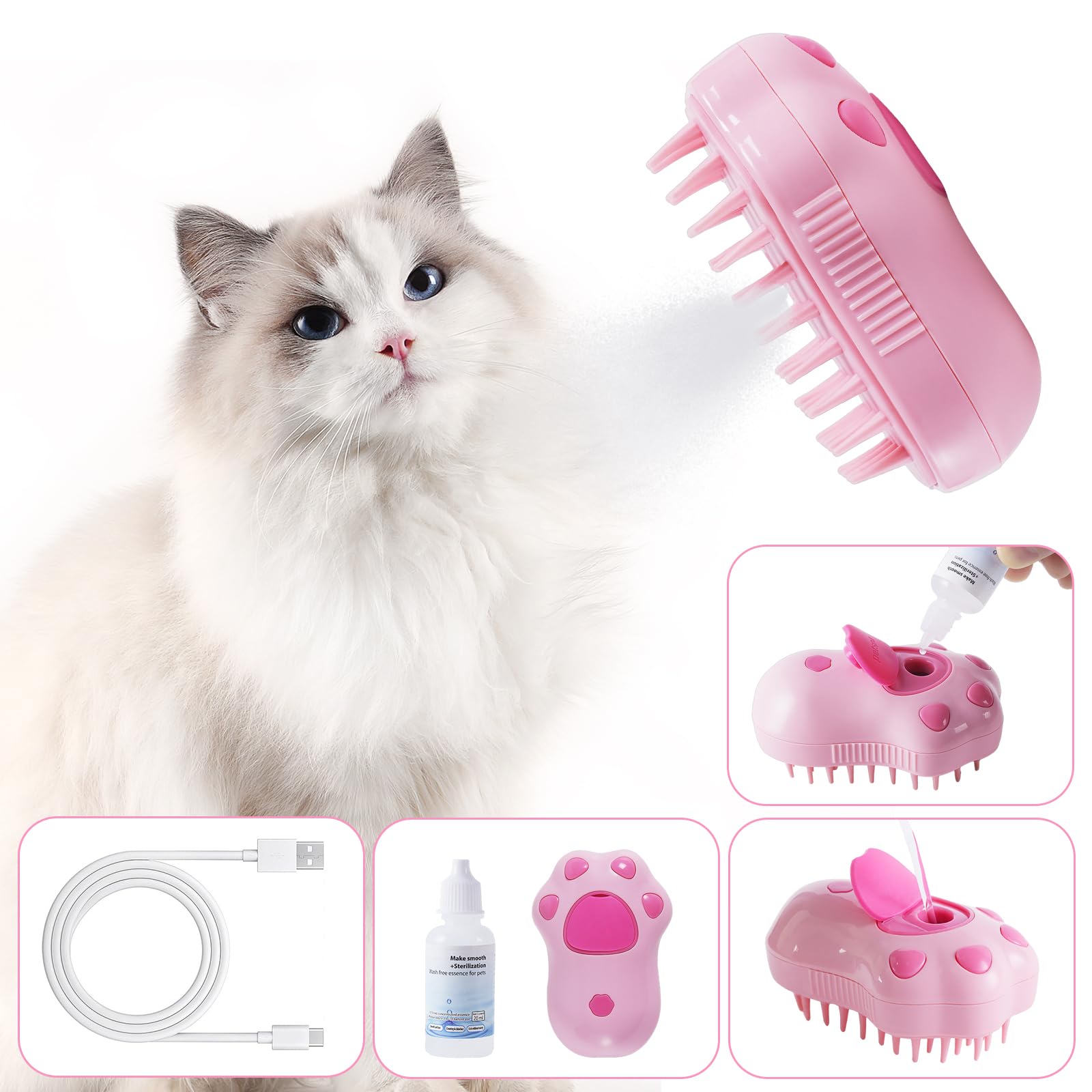 Cat Steam Brush - Self Cleaning Steamy Massage Brush for Indoor Cats Removing Shedding Tangled and Loose Hair - Cat Paw Model